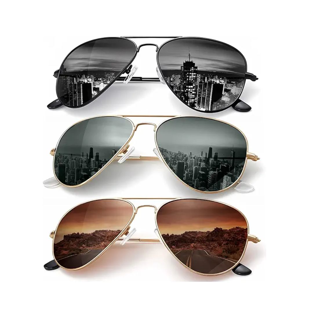 A set of aviator-style sunglasses with tinted lenses.